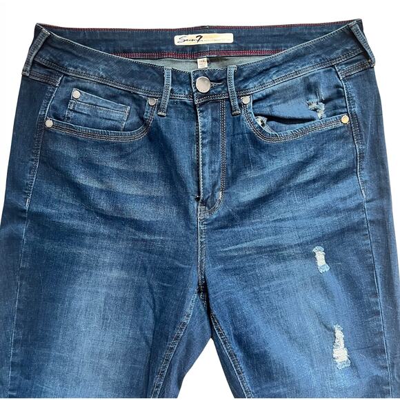 Seven7 High Rise Skinny Dark Wash Distressed Jeans Slit Ankle Raw Hem size 14W - Picture 10 of 12